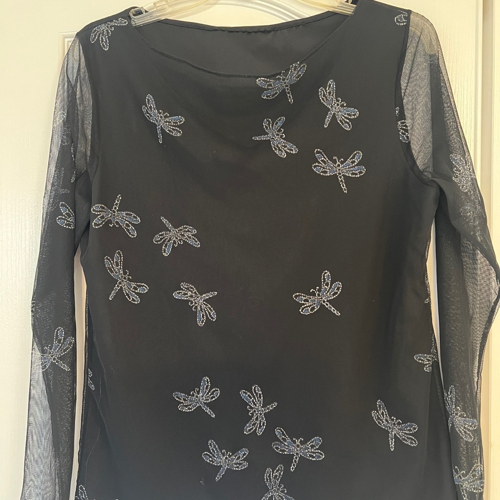 Elegant Black Blouse with Sparkly Dragonfly Designs Women's Top